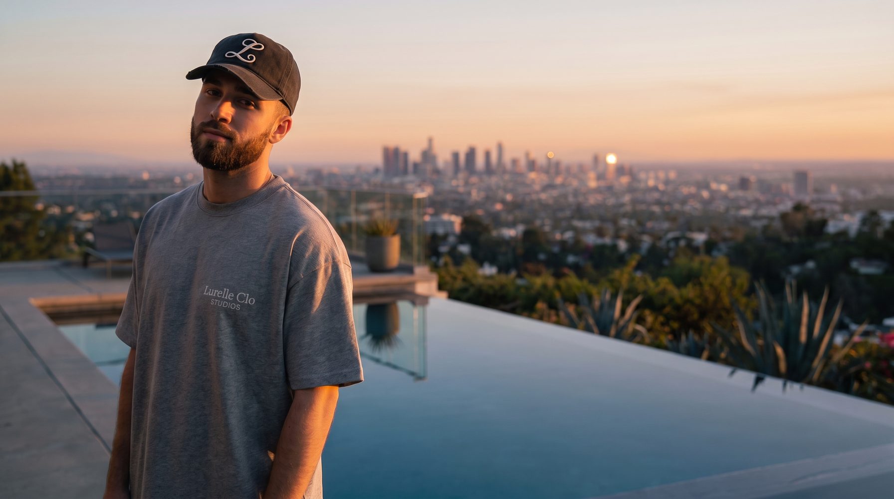 Lurelle model beside a pool wearing the launch cap